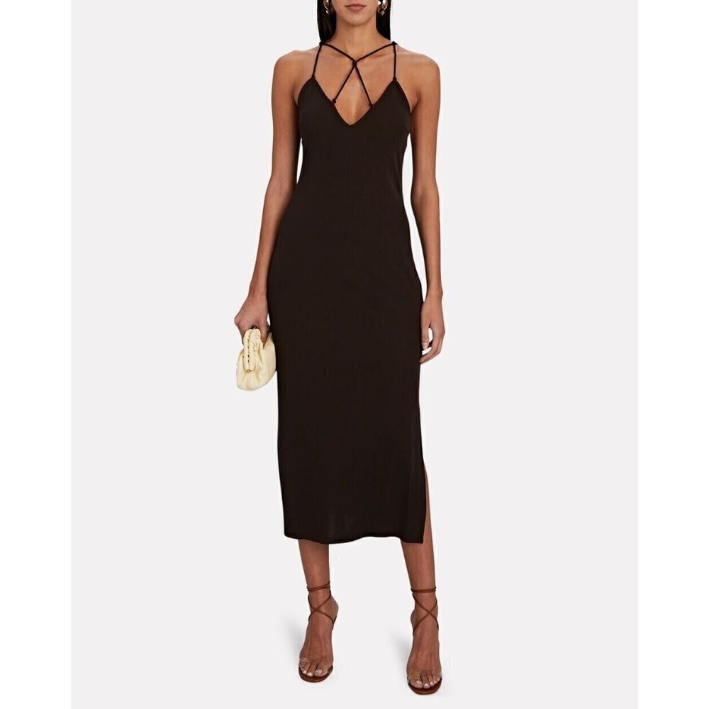 Frame BNWOT womens black delicate knot midi dress sz Medium side slit